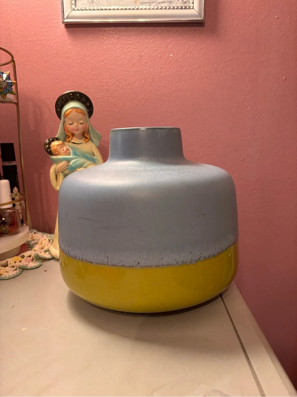 Crate&Barrel Matte Blue and Bright Yellow Ceramic Vase